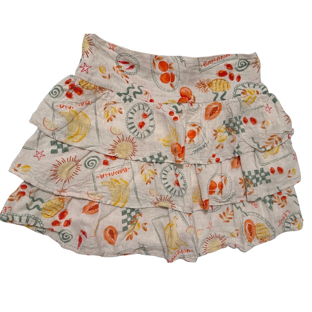Kirious Los Angeles Tiered Fruit Print Linen Mini Skirt, Size Large, Lined Skort